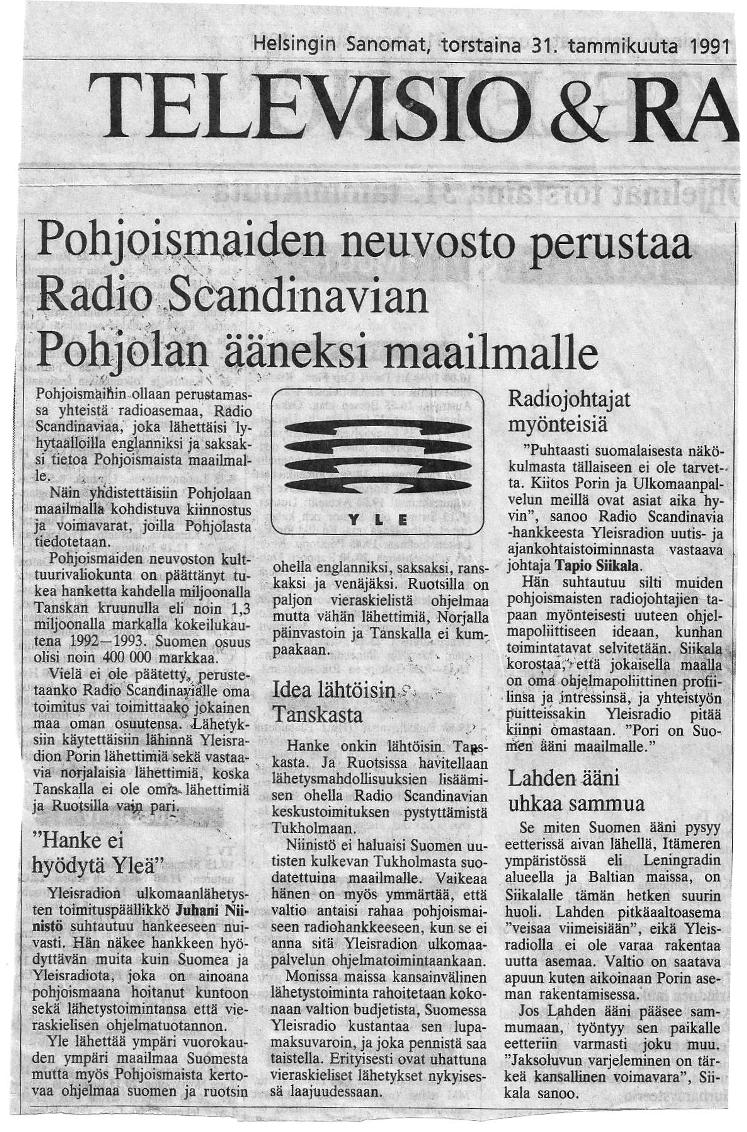 HS:n artikkeli  Radio Skandinavia -hankkeesta, 1991.