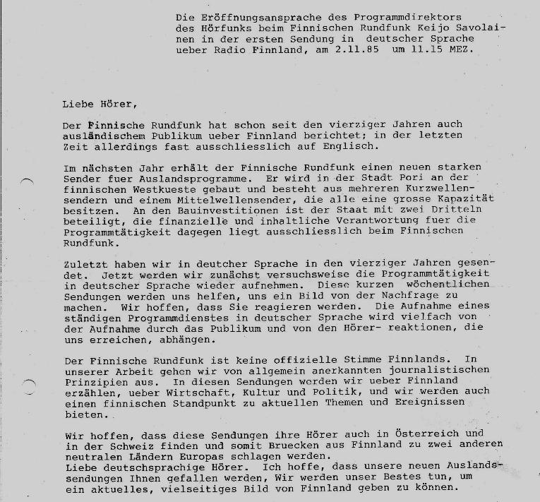 Radiojohtaja Keijo Savolaisen puhe 2.11.85